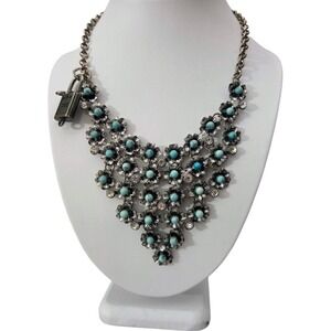 Vintage Bib Necklace Turquoise Beads Clear Crystal Rhinestones Padlock Tripp NYC